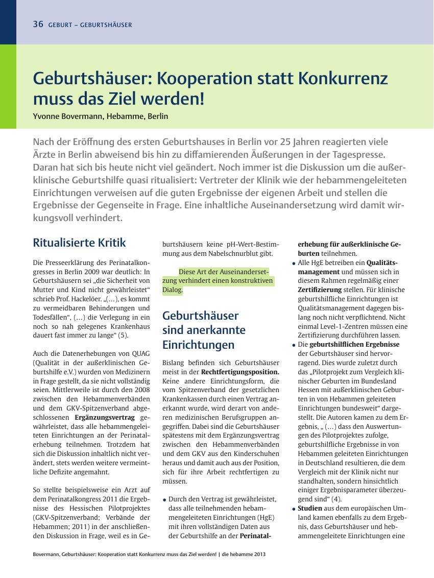 Vorschauseite 1: Geburtshäuser: Kooperation statt Konkurrenz muss das Ziel werden!