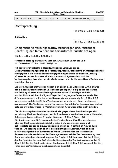 Vorschauseite 1: Erfolgreiche Verfassungsbeschwerden wegen unzureichender Beachtung der Tarifautonomie bei tariflichen Nachtzuschlägen