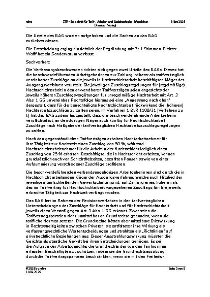 Vorschauseite 2: Erfolgreiche Verfassungsbeschwerden wegen unzureichender Beachtung der Tarifautonomie bei tariflichen Nachtzuschlägen