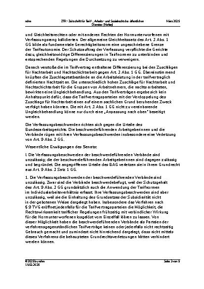 Vorschauseite 3: Erfolgreiche Verfassungsbeschwerden wegen unzureichender Beachtung der Tarifautonomie bei tariflichen Nachtzuschlägen
