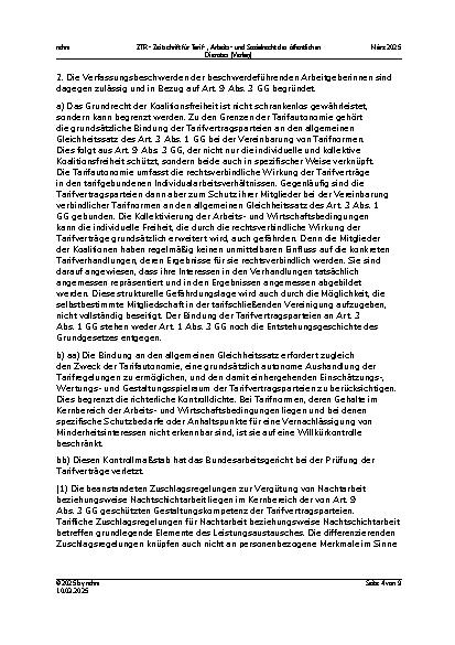 Vorschauseite 4: Erfolgreiche Verfassungsbeschwerden wegen unzureichender Beachtung der Tarifautonomie bei tariflichen Nachtzuschlägen