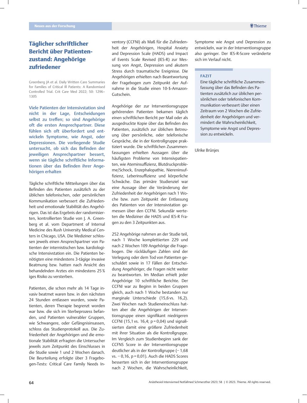 Vorschauseite 1: Täglicher schriftlicher Bericht über Patientenzustand: Angehörige zufrieden