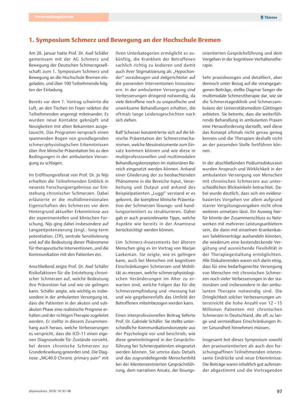 Vorschauseite 1: 1. Symposium Schmerz und Bewegung an der Hochschule Bremen