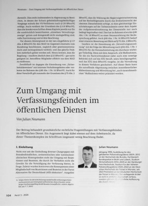 Vorschauseite 1: Zum Umgang mit Verfassungsfeinden im öffentlichen Dienst