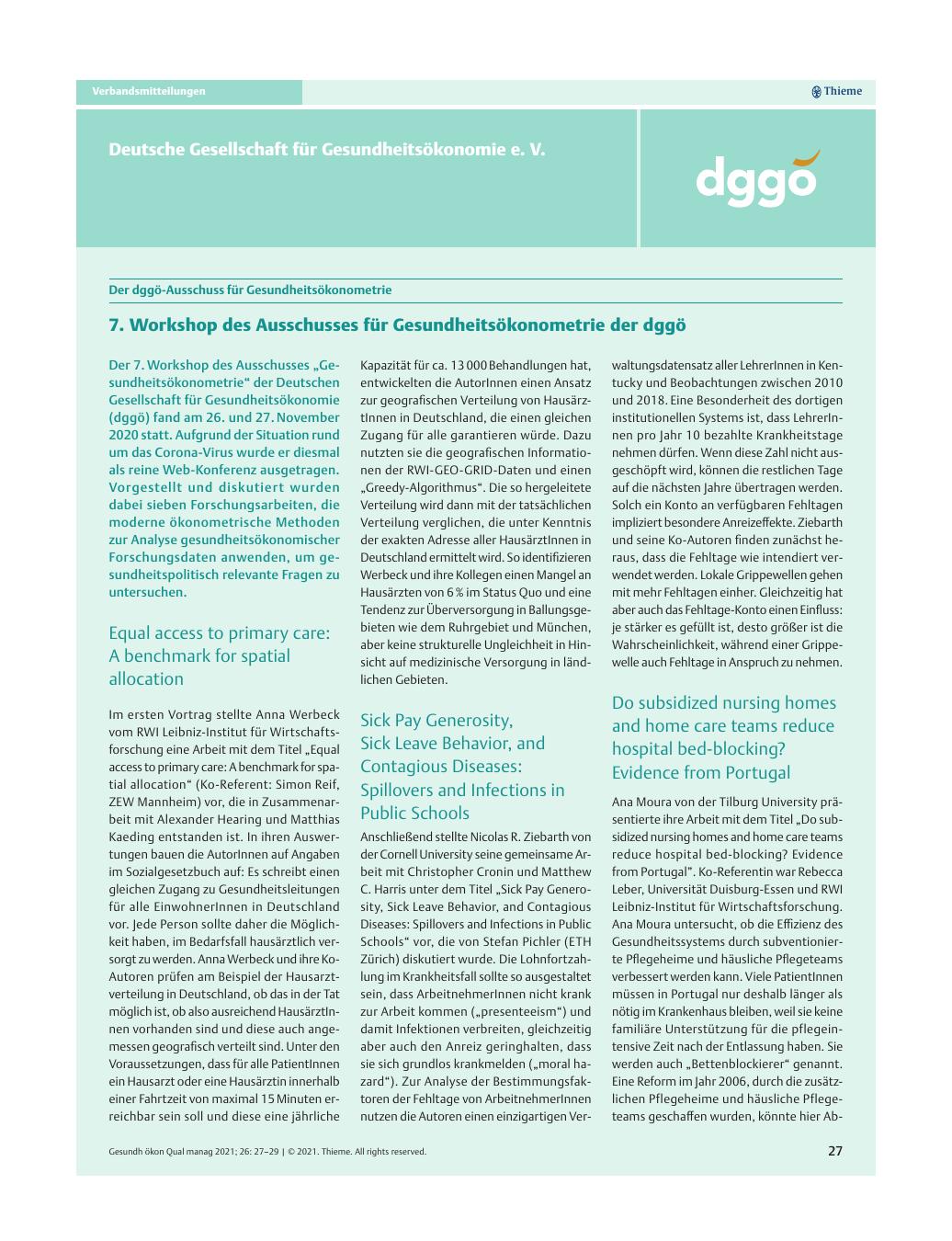 Vorschauseite 1: Der dggö-Ausschuss für Gesundheitsökonometrie - 7. Workshop des Ausschusses für Gesundheitsökonometrie der dggö