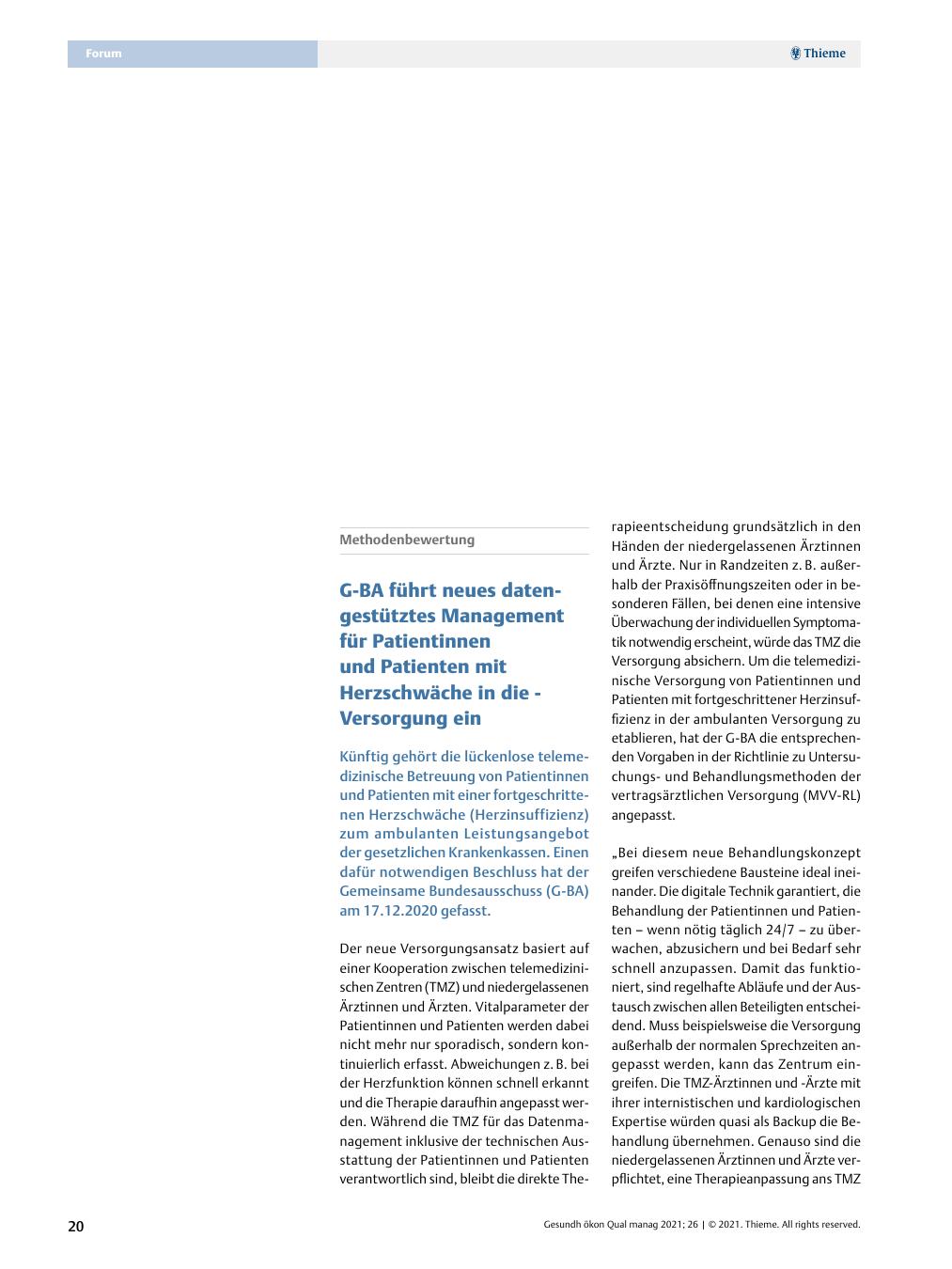 Vorschauseite 1: Methodenbewertung - G-BA führt neues datengestütztes Management für Patientinnen und Patienten mit Herzschwäche in die Versorgung ein