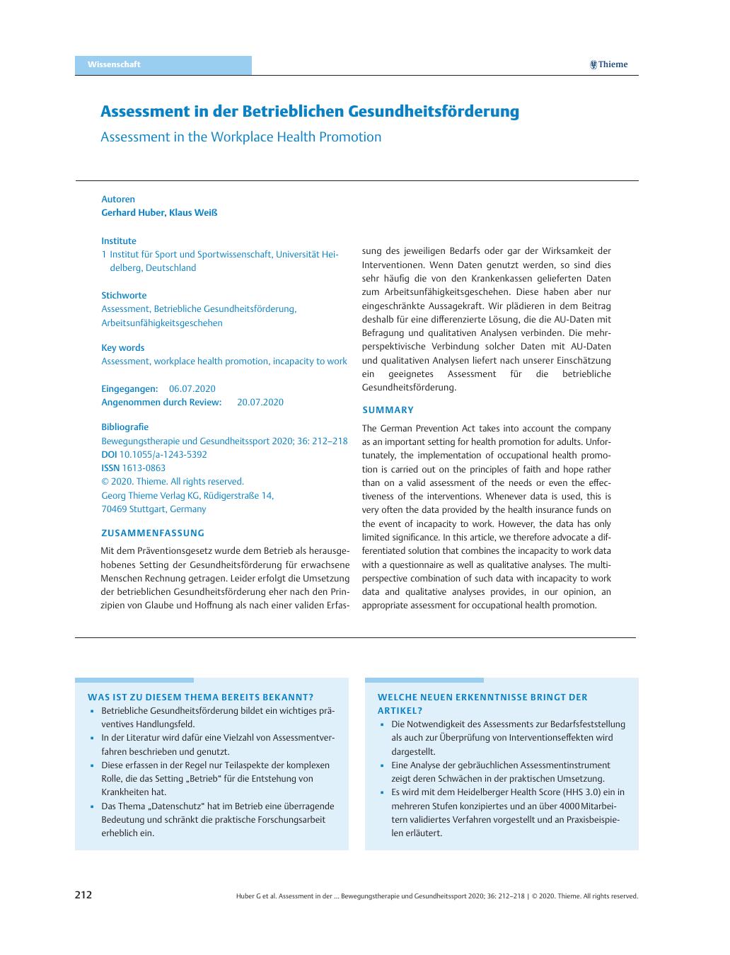 Vorschauseite 1: Assessment in der Betrieblichen Gesundheitsförderung