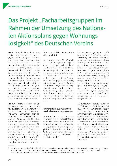 Vorschauseite 1: Das Projekt „Facharbeitsgruppen im Rahmen der Umsetzung des Nationalen Aktionsplans gegen Wohnungslosigkeit“ des Deutschen Vereins