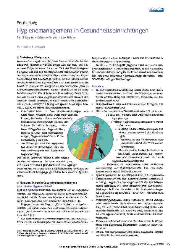 Vorschauseite 1: Hygienemanagement in Gesundheitseinrichtungen Teil 3: Hygiene-Krisen erfolgreich bewältigen