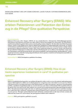 Vorschauseite 1: Enhanced Recovery after Surgery (ERAS): Wie erleben Patientinnen und Patienten den Einbezug in die Pflege? Eine qualitative Perspektive