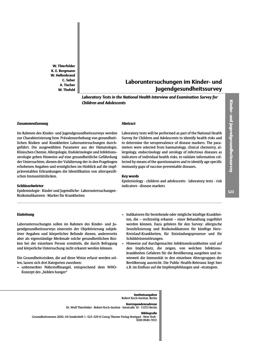 Vorschauseite 1: Laboruntersuchungen im Kinderund Jugendgesundheitssurvey