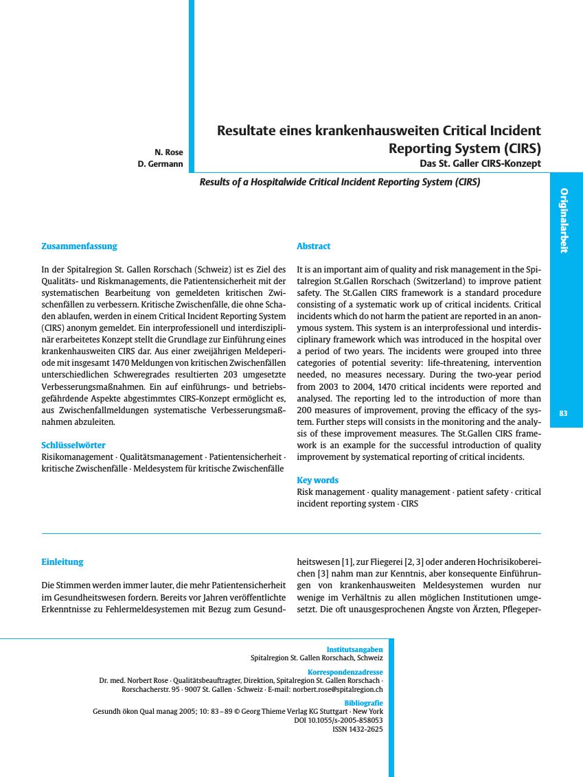 Vorschauseite 1: Resultate eines krankenhausweiten Critical Incident Reporting System (CIRS)