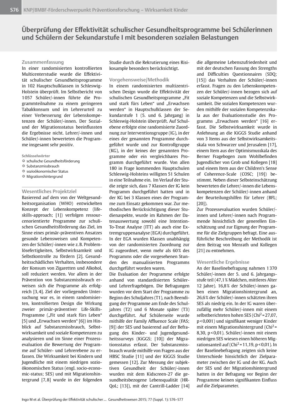 Vorschauseite 1: Überprüfung der Effektivität schulischer Gesundheitsprogramme bei Schülerinnen und Schülern der Sekundarstufe I mit besonderen sozialen Belastungen