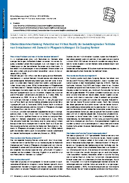 Vorschauseite 1: Studienzusammenfassung: Potenzial von Virtual Reality zur bedeutungsvollen Teilhabe von Erwachsenen mit Demenz in Pflegeeinrichtungen: Ein Scoping Review