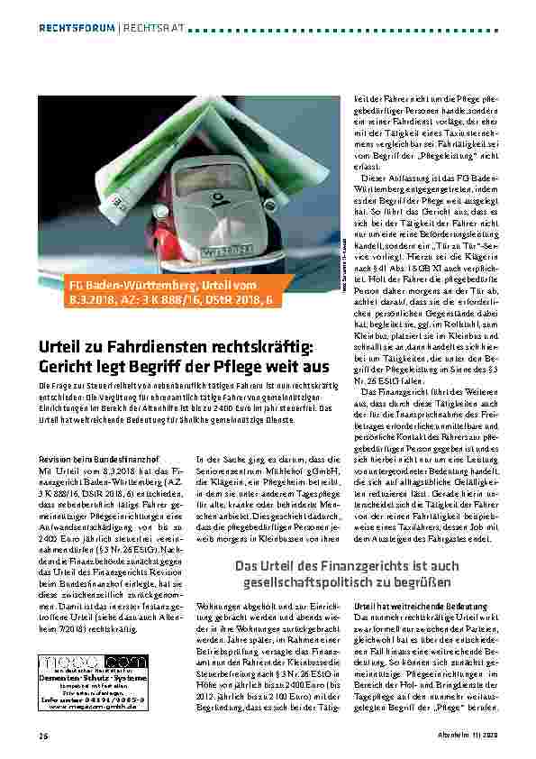 Vorschauseite 1: Urteil zu Fahrdiensten rechtskräftig: Gericht legt Begriff der Pflege weit aus.