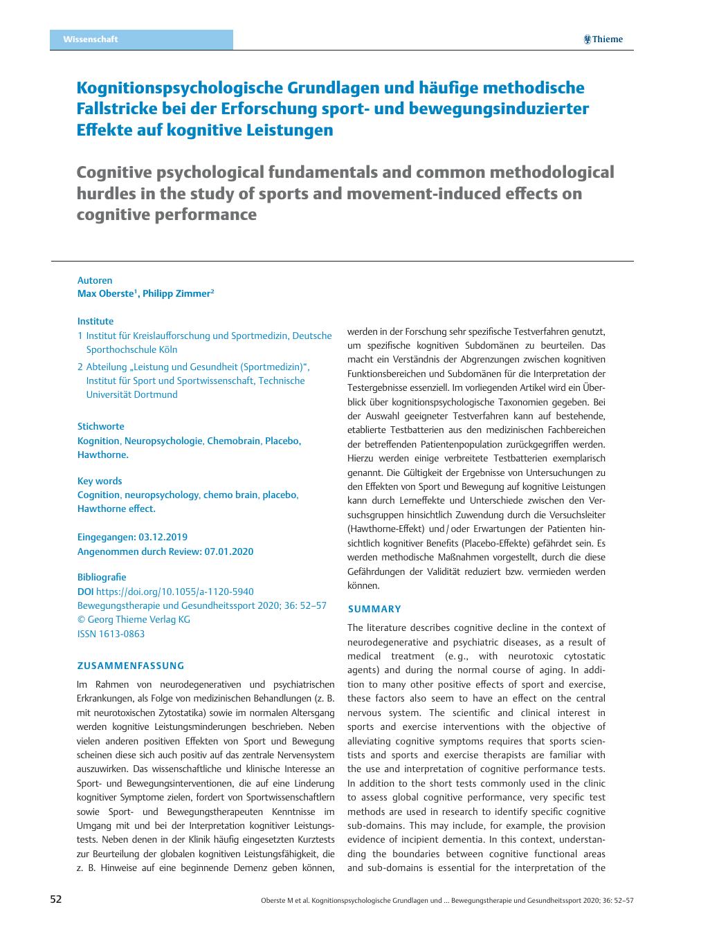 Vorschauseite 1: Kognitionspsychologische Grundlagen und häufige methodische Fallstricke bei der Erforschung sportund bewegungsinduzierter Effekte auf kognitive Leistungen