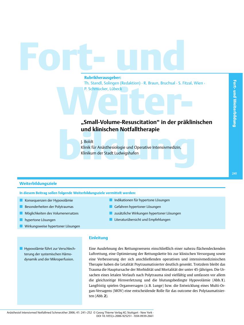 Vorschauseite 1: „Small-Volume-Resuscitation” in der präklinischen und klinischen Notfalltherapie