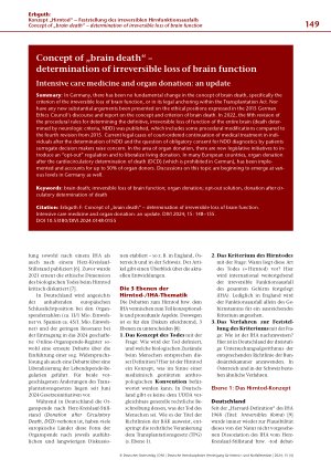 Vorschauseite 2: Konzept „Hirntod“ – Feststellung des irreversiblen Hirnfunktionsausfalls Intensivmedizin und Organspende: ein Update