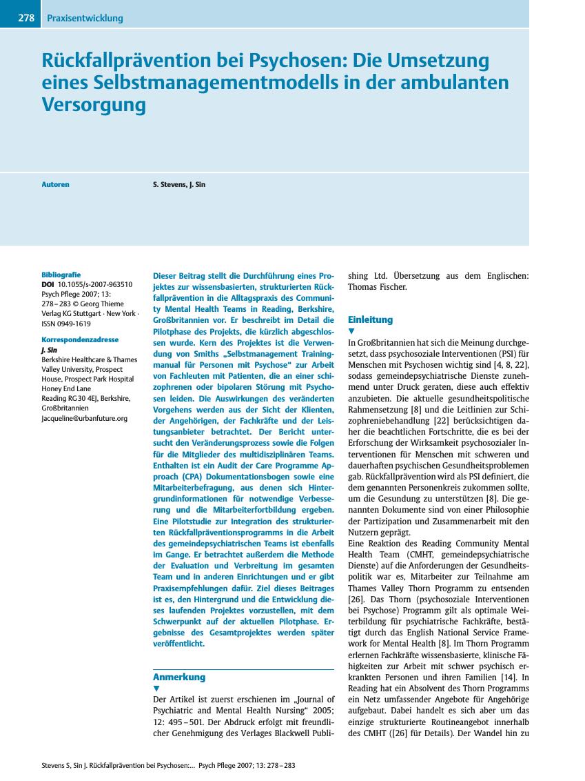 Vorschauseite 1: Rückfallprävention bei Psychosen: Die Umsetzung eines Selbstmanagementmodells in der ambulanten Versorgung