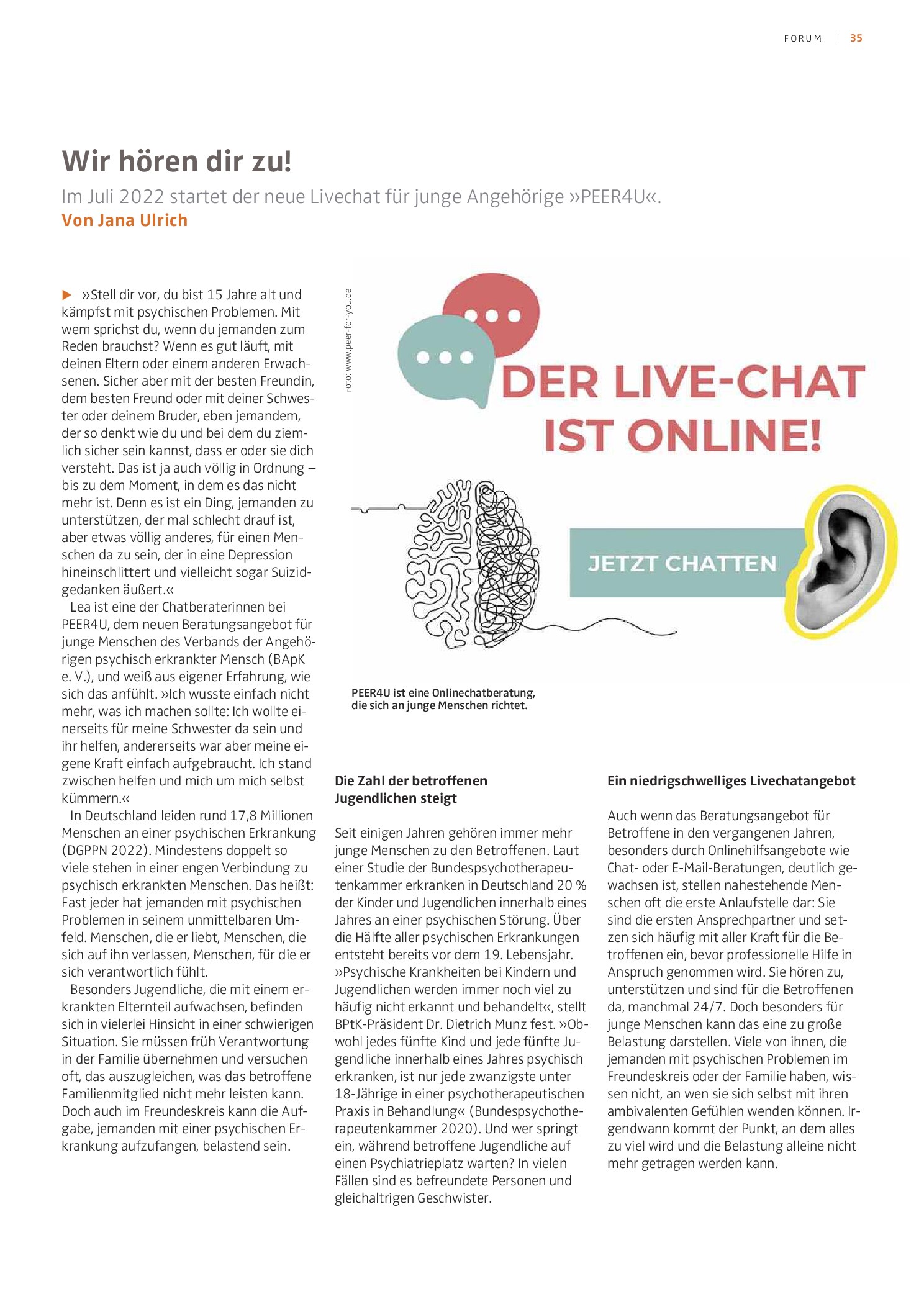 Vorschauseite 1: Wir hören dir zu! Im Juli 2022 startet der neue Livechat für junge Angehörige »PEER4U«
