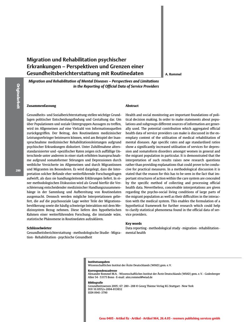 Vorschauseite 1: Migration und Rehabilitation psychischer Erkrankungen - Perspektiven und Grenzen einer Gesundheitsberichterstattung mit Routinedaten