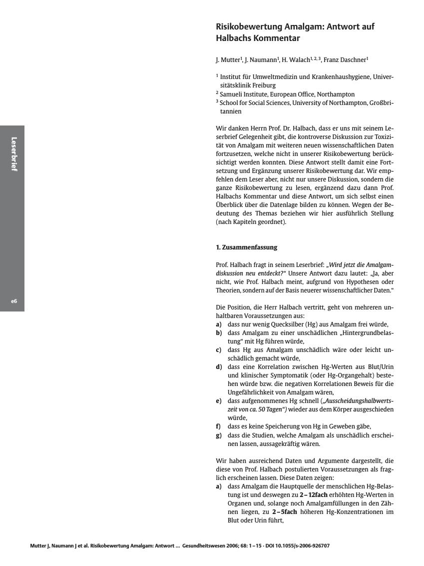 Vorschauseite 1: Risikobewertung Amalgam: Antwort auf Halbachs Kommentar