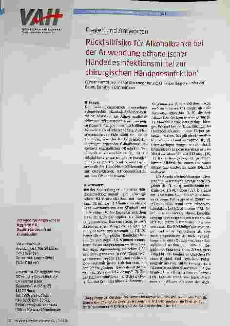 Vorschauseite 1: Rückfallrisiko für Alkoholkranke bei der Anwendung ethanolischer Händedesinfektionsmittel zur chirurgischen Händedesinfektion*