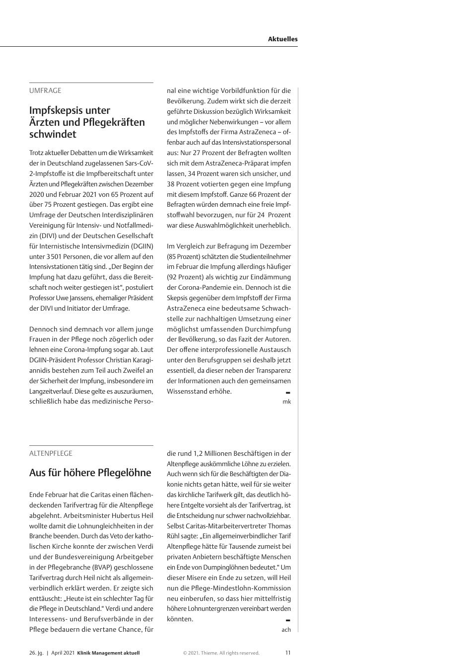 Vorschauseite 1: Umfrage: Impfskepsis unter Ärzten und Pflegekräften schwindet