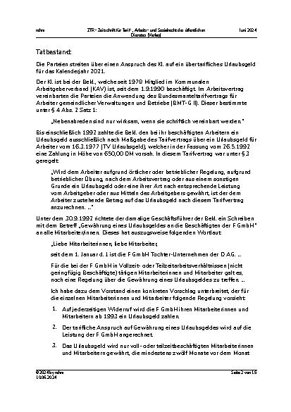Vorschauseite 2: II. Allgemeines Arbeitsrecht Urlaubsgeld – Gesamtzusage – Schriftformgebot bei Nebenabrede – ablösende Betriebsvereinbarung – tarifvertraglicher Regelungsvorrang – Umdeutung