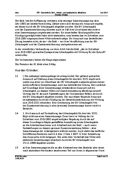 Vorschauseite 5: II. Allgemeines Arbeitsrecht Urlaubsgeld – Gesamtzusage – Schriftformgebot bei Nebenabrede – ablösende Betriebsvereinbarung – tarifvertraglicher Regelungsvorrang – Umdeutung