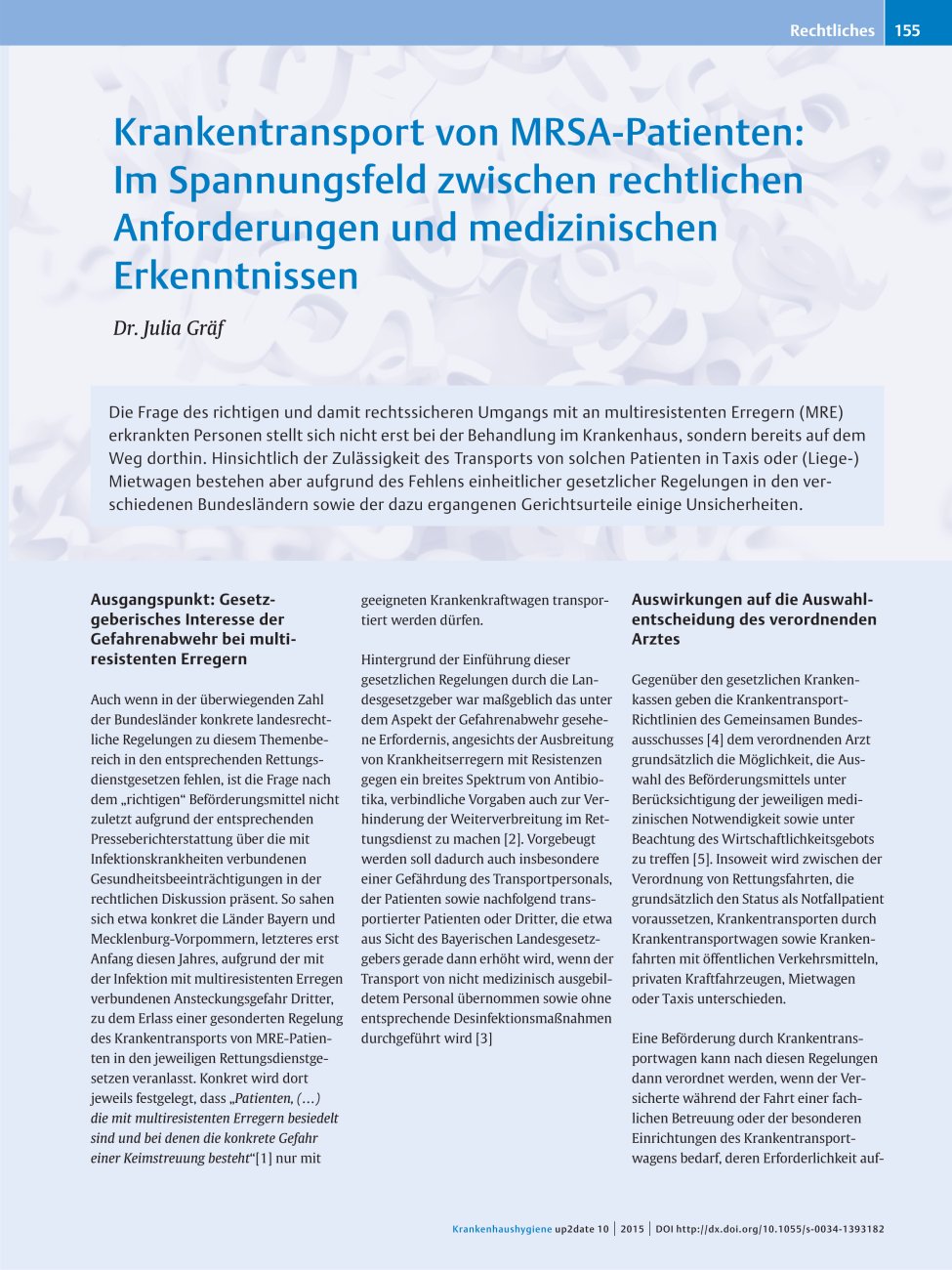 Vorschauseite 1: Krankentransport von MRSA-Patienten: Im Spannungsfeld zwischen rechtlichen Anforderungen und medizinischen Erkenntnissen