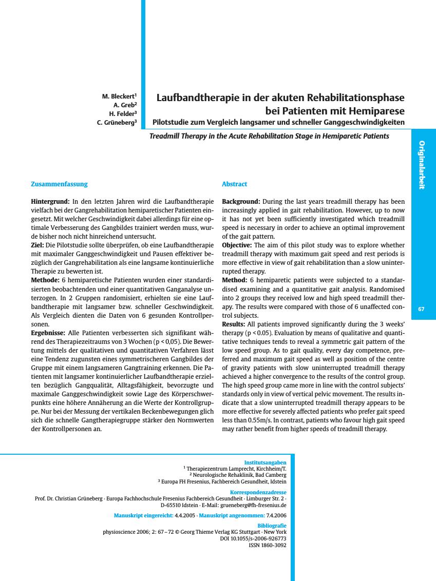 Vorschauseite 1: Laufbandtherapie in der akuten Rehabilitationsphase bei Patienten mit Hemiparese