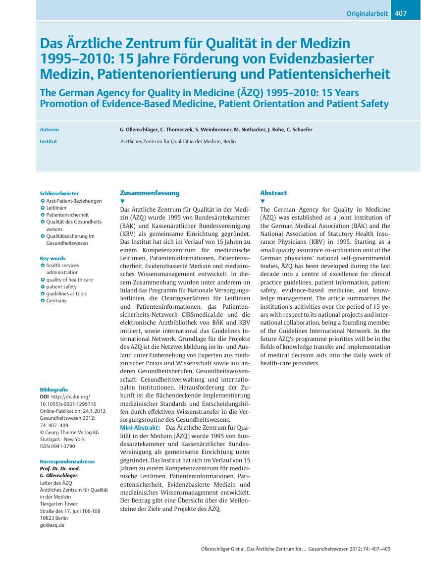Vorschauseite 1: Das Ärztliche Zentrum für Qualität in der Medizin 1995? 2010: 15 Jahre Förderung von Evidenzbasierter Medizin, Patientenorientierung und Patientensicherheit