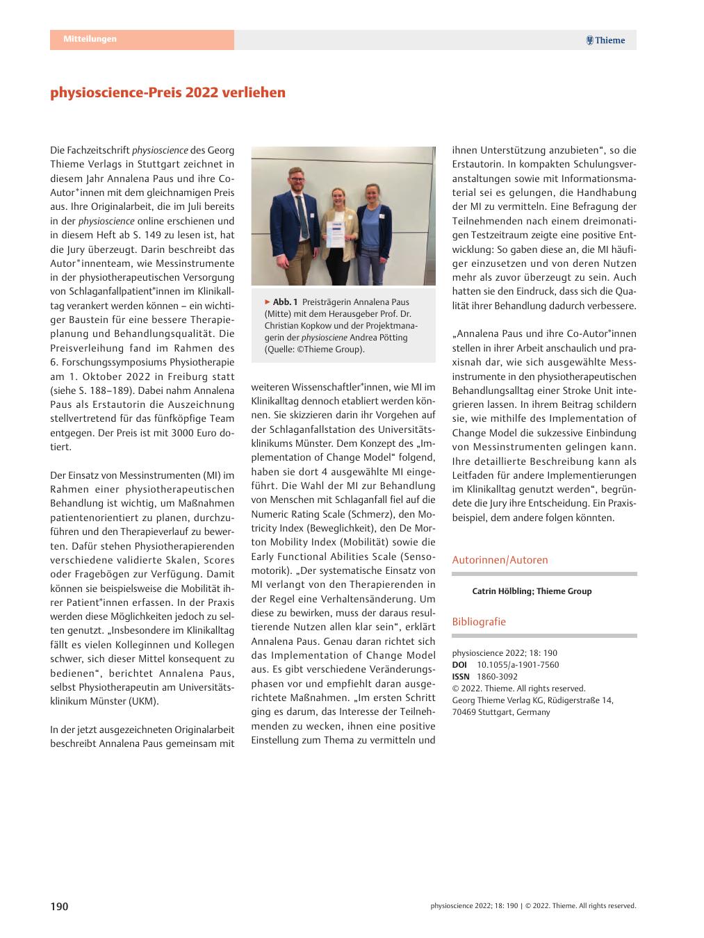 Vorschauseite 1: physioscience-Preis 2022 verliehen
