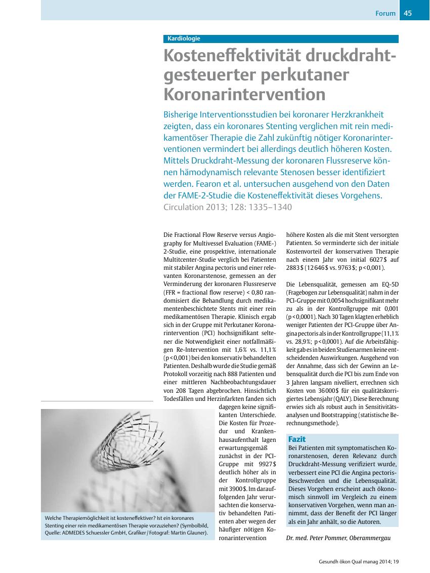 Vorschauseite 1: Kardiologie – Kosteneffektivität druckdraht-gesteuerter perkutaner Koronarintervention