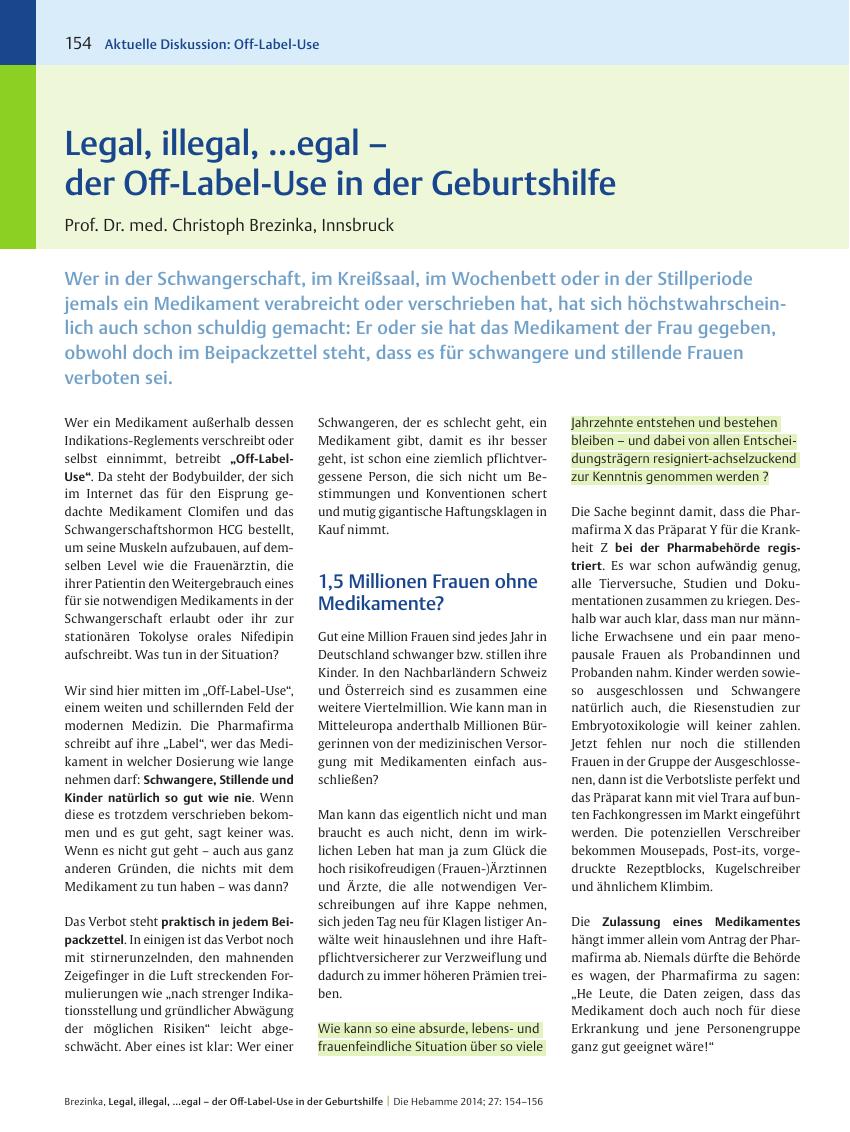 Vorschauseite 1: Legal, illegal, …egal – der Off-Label-Use in der Geburtshilfe