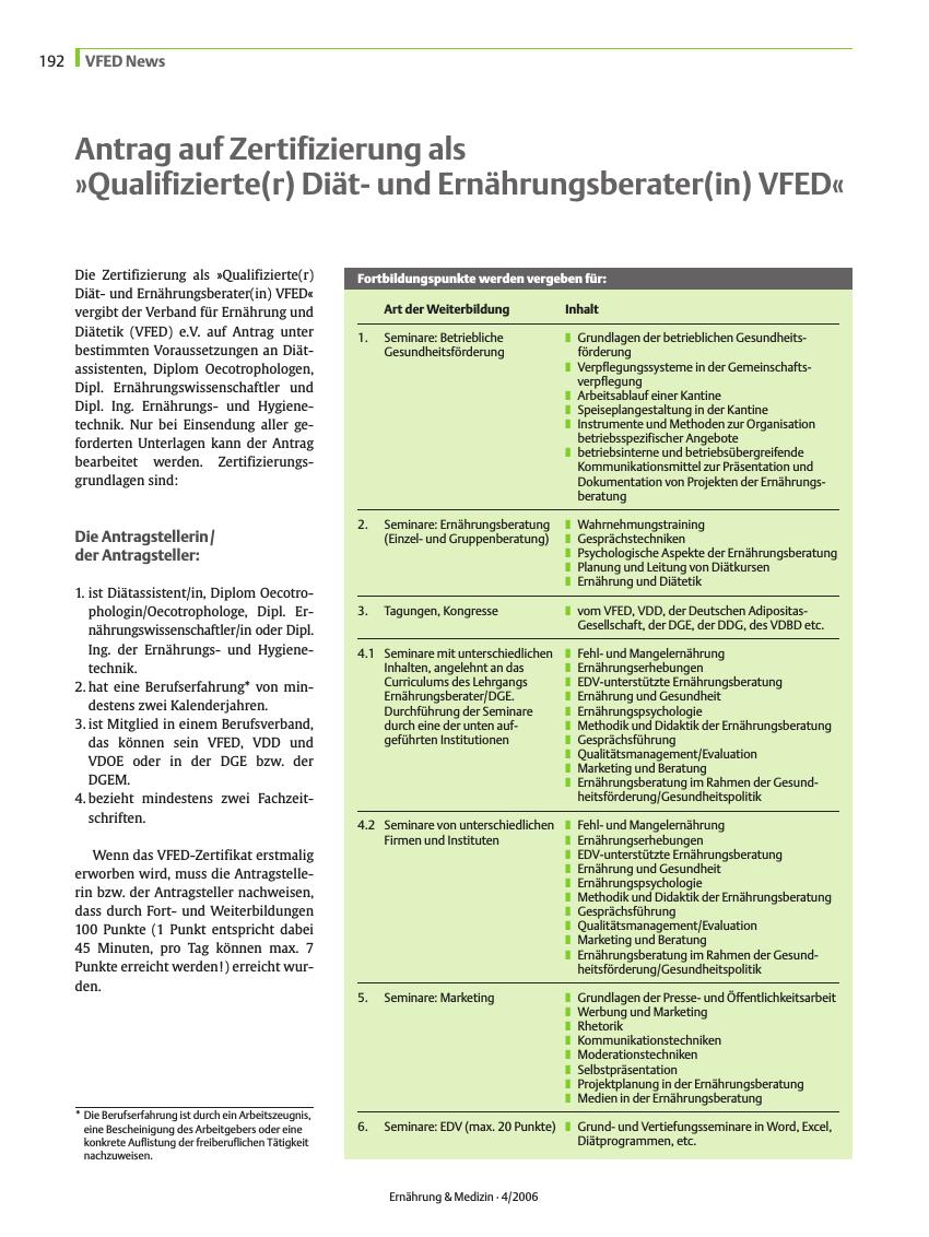 Vorschauseite 1: Antrag auf Zertifizierung als „Qualifizierte(r) Diätund Ernährungsberater(in) VFED”