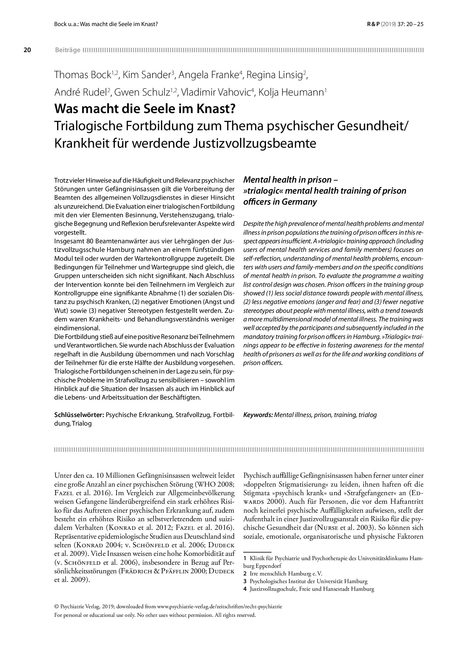 Vorschauseite 1: Was macht die Seele im Knast? Trialogische Fortbildung zum Thema psychischer Gesundheit/Krankheit für werdende Justizvollzugsbeamte