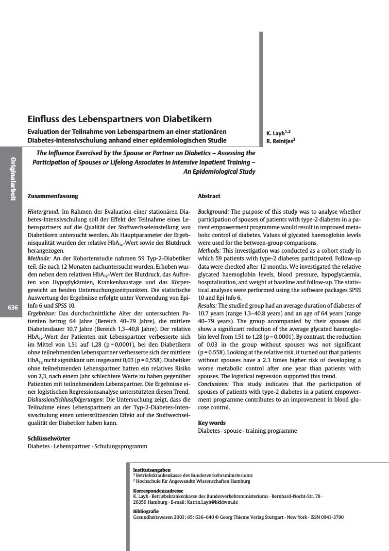 Vorschauseite 1: Einfluss des Lebenspartners von Diabetikern