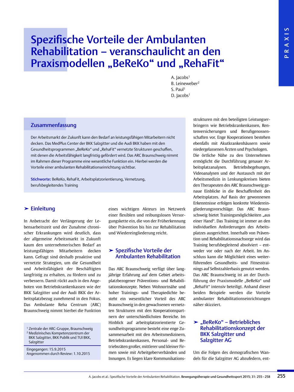 Vorschauseite 1: Spezifische Vorteile der Ambulanten Rehabilitation – veranschaulicht an den Praxismodellen „BeReKo“ und „RehaFit“