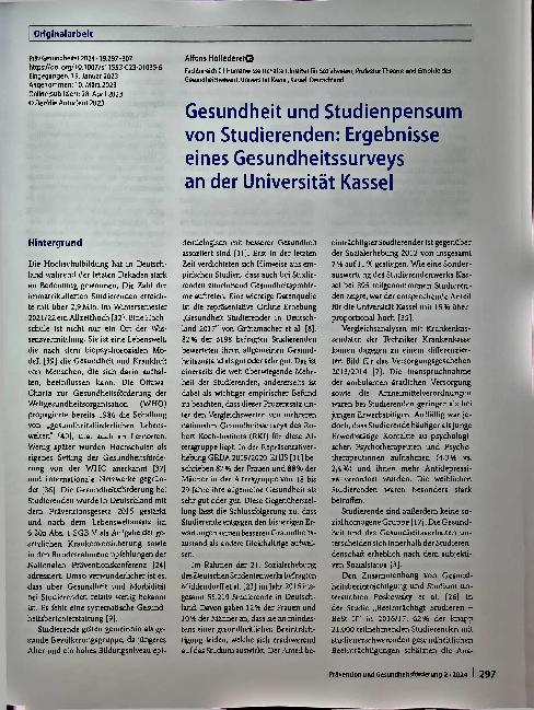 Vorschauseite 1: Gesundheit und Studienpensum von Studierenden: Ergebnisse eines Gesundheitssurveys an der Universität Kassel