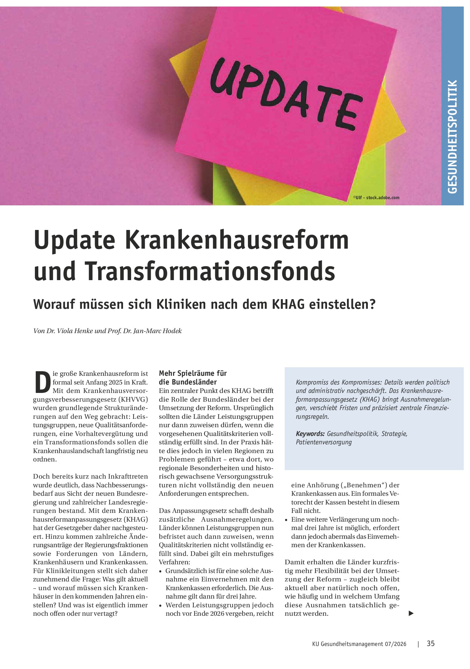 Vorschauseite 1: Update Krankenhausreform und Transformationsfonds