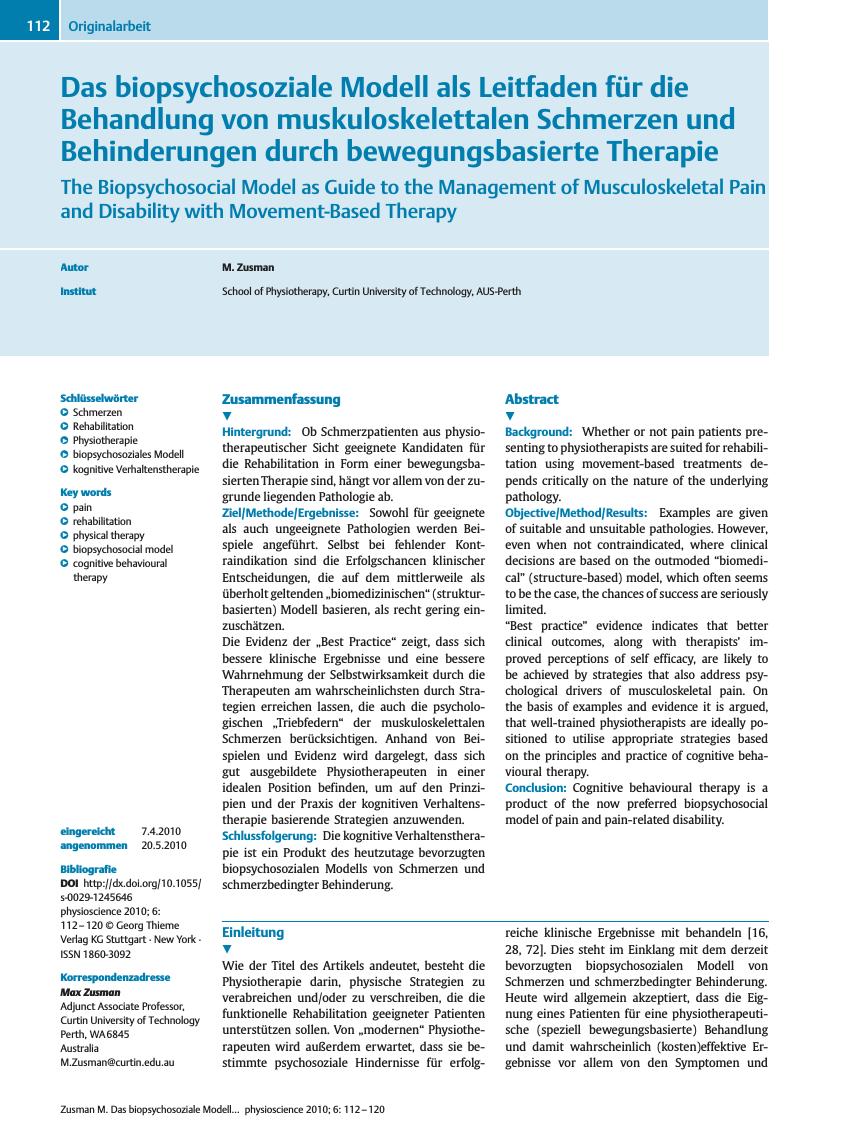 Vorschauseite 1: Das biopsychosoziale Modell als Leitfaden für die Behandlung von muskuloskelettalen Schmerzen und Behinderungen durch bewegungsbasierte Therapie