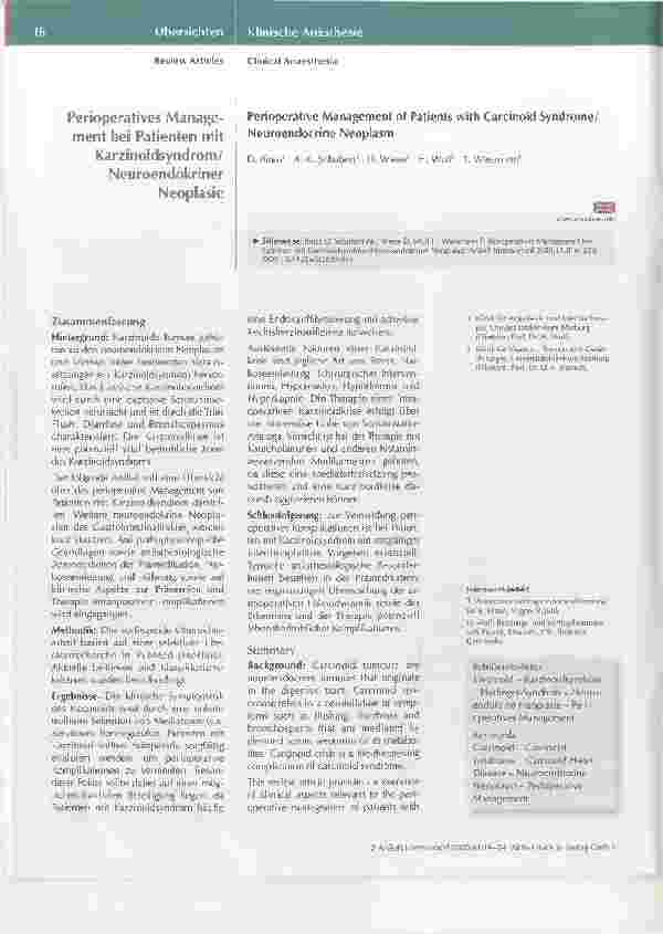 Vorschauseite 1: Perioperatives Management bei Patienten mit Karzinoidsyndrom/ Neuroendokrine Neoplasie