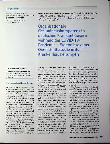 Vorschauseite 1: Organisationale Gesundheitskompetenz in deutschen Krankenhäusern während der COVID-19- Pandemie - Ergebnisse einer Querschnittstudie unter Krankenhausleitungen