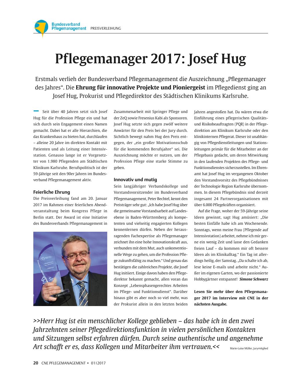 Vorschauseite 1: Pflegemanager 2017: Josef Hug
