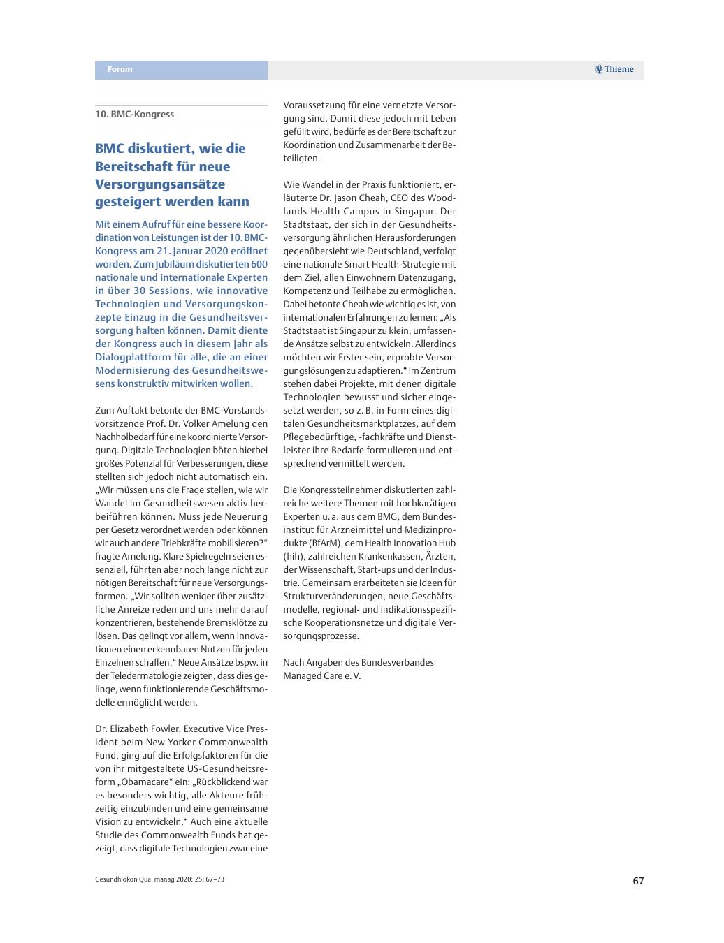 Vorschauseite 1: 10. BMC-Kongress - BMC diskutiert, wie die Bereitschaft für neue Versorgungsansätze gesteigert werden kann