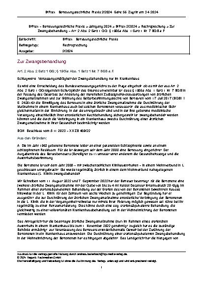 Vorschauseite 1: Zur Zwangsbehandlung Schlagworte: Verfassungsmäßigkeit der Zwangsbehandlung nur im Krankenhaus