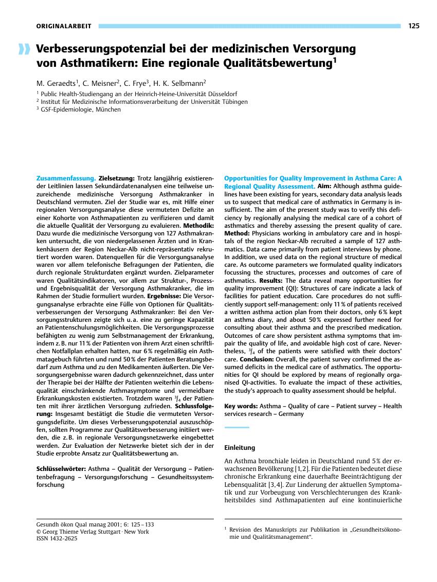 Vorschauseite 1: Verbesserungspotenzial bei der medizinischen Versorgung von Asthmatikern: Eine regionale Qualitätsbewertung