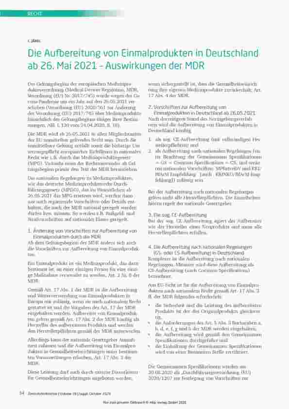 Vorschauseite 1: Die Aufbereitung von Einmalprodukten in Deutschland ab 26. Mai 2021 - Auswirkungen der MDR